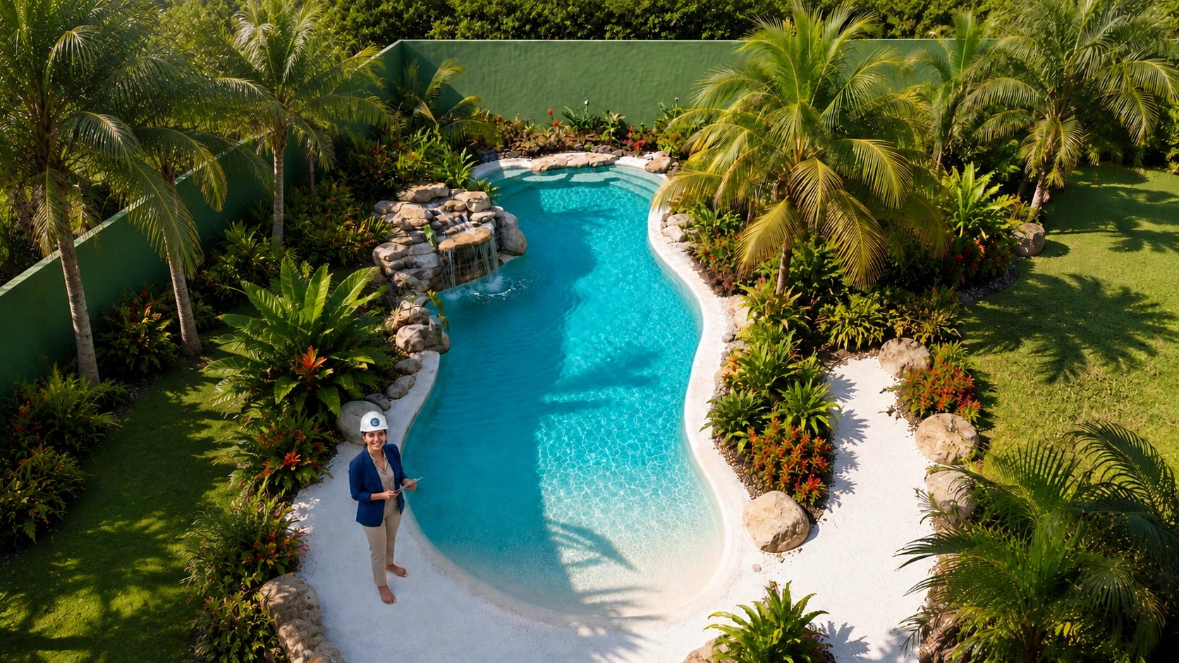 Vista aérea de piscina de praia com borda em areia, cascata em rocha e paisagismo tropical